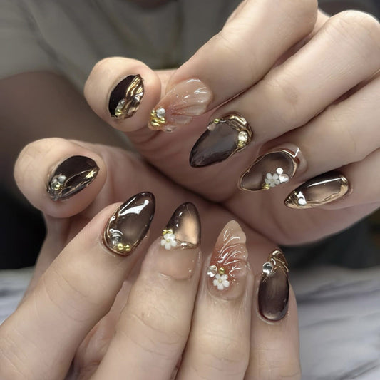 3D Flower Brown Cat Eye Veloura Nails