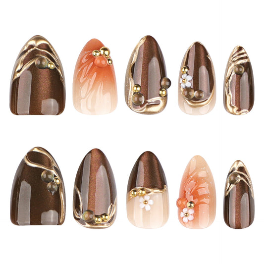 3D Flower Brown Cat Eye Veloura Nails
