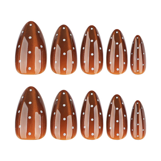 Brown Cat Eye White Polka Dot Nails JP4224