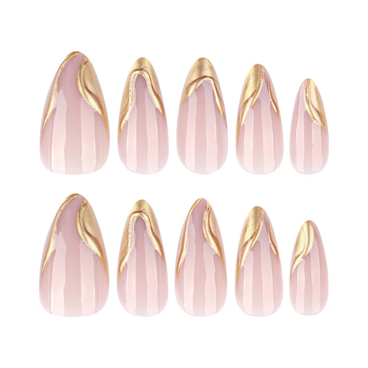 3D Textured Gold Metallic French Tip Press-on Nails JP3877