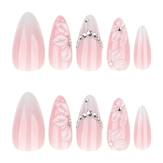 White Gradient French Nails with 3D Floral Design JP4317