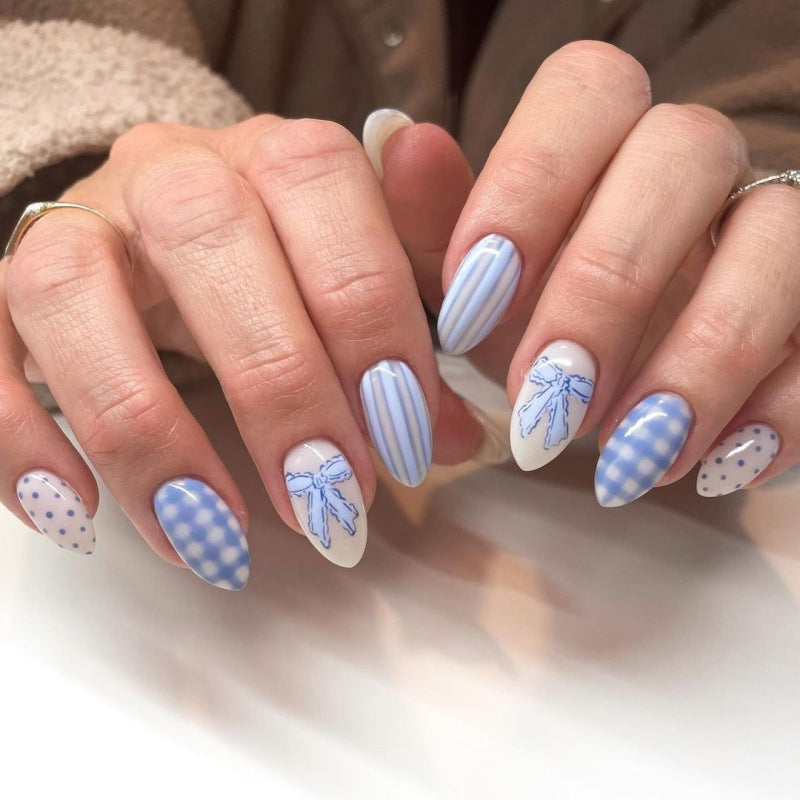 Handmade Blue Checkerboard Press-on Nails with 3D Bows JP4302