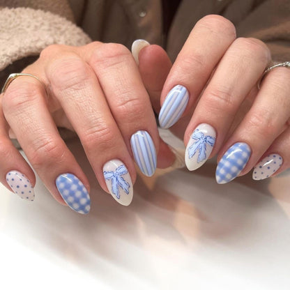 Handmade Blue Checkerboard Press-on Nails with 3D Bows JP4302