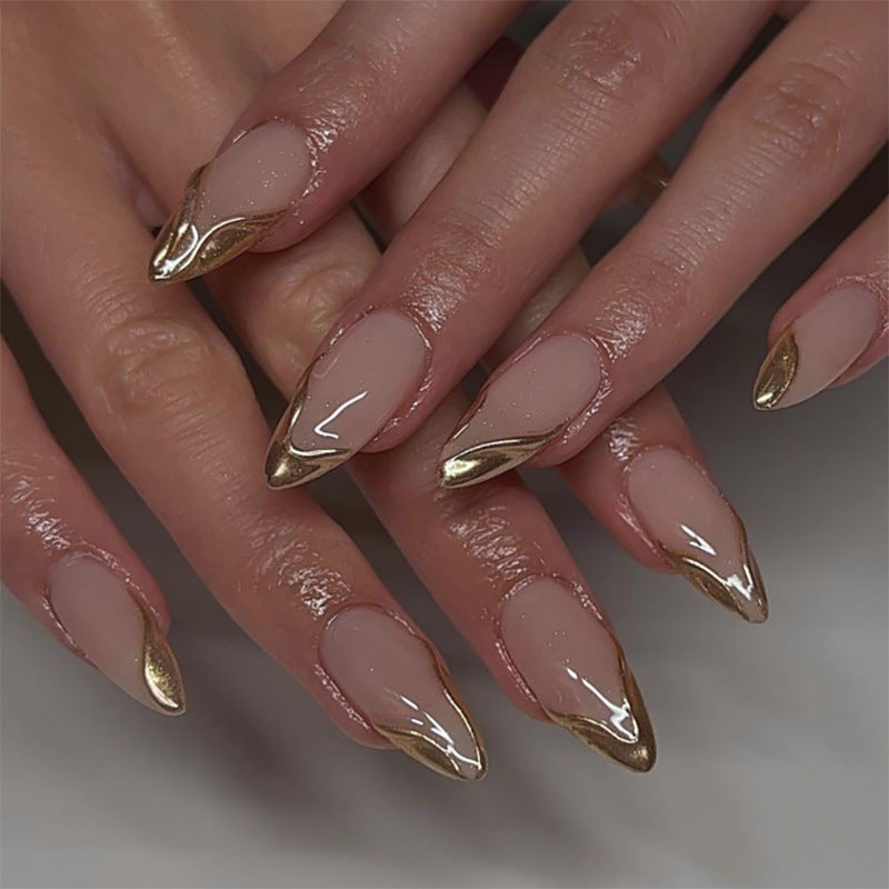 3D Textured Gold Metallic French Tip Press-on Nails JP3877