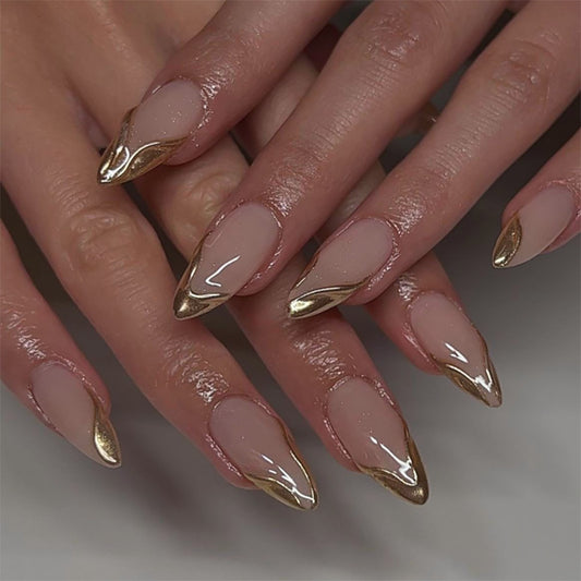 3D Textured Gold Metallic French Tip Press-on Nails JP3877