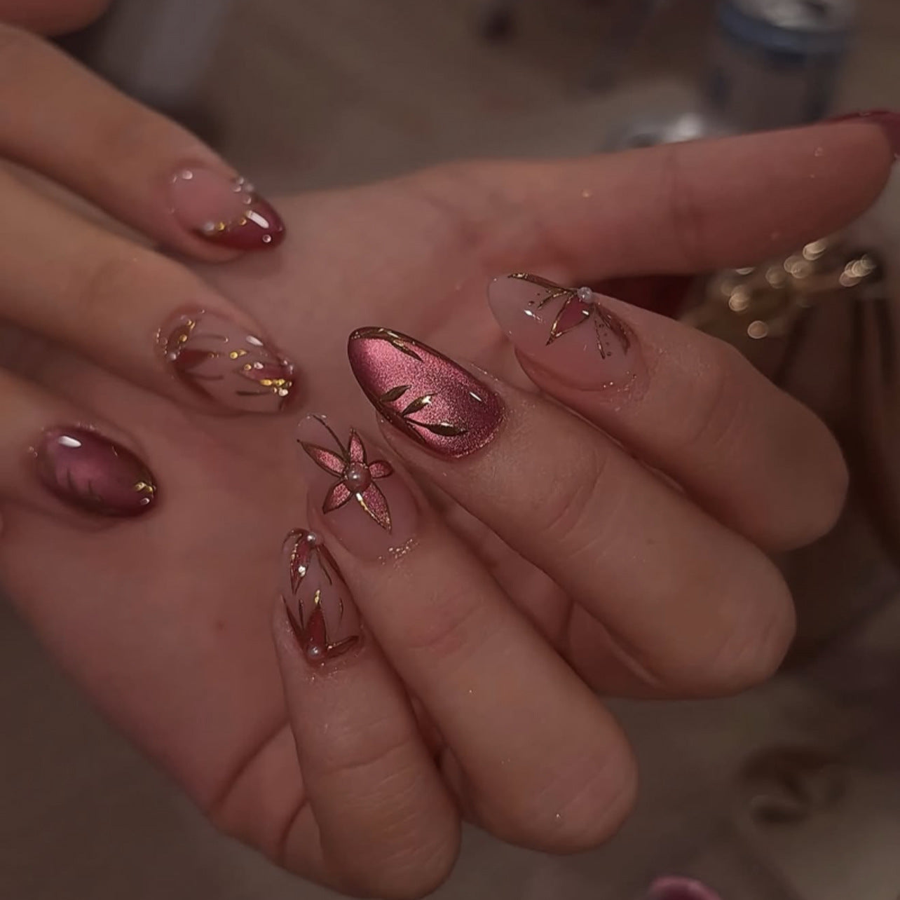 Leaf and Flower Cat Eye Nail Art  JP4310