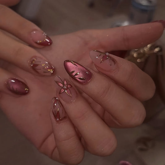 Leaf and Flower Cat Eye Nail Art  JP4310