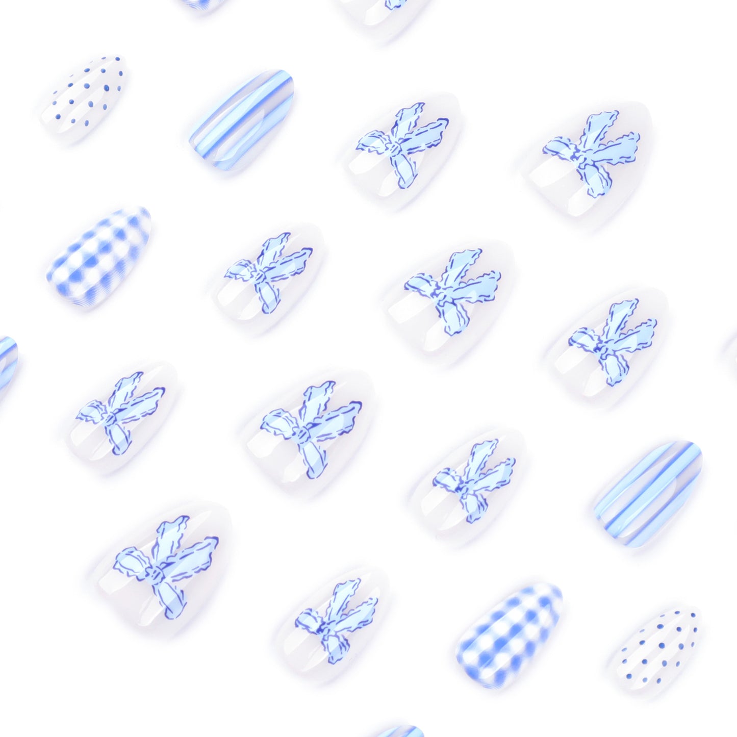 Handmade Blue Checkerboard Press-on Nails with 3D Bows JP4302