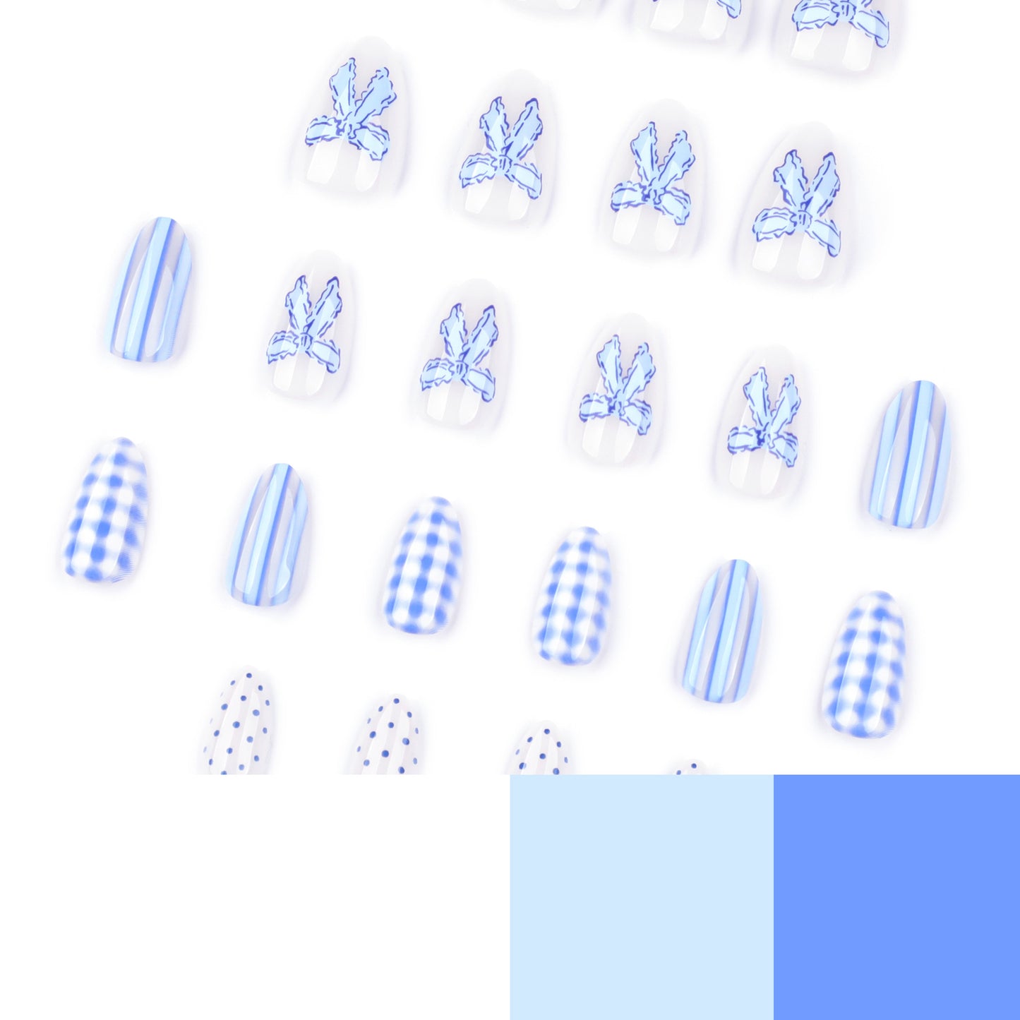 Handmade Blue Checkerboard Press-on Nails with 3D Bows JP4302