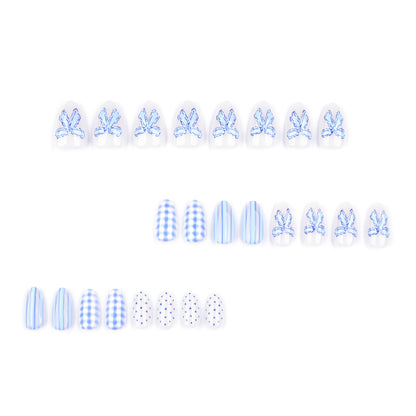 Handmade Blue Checkerboard Press-on Nails with 3D Bows JP4302
