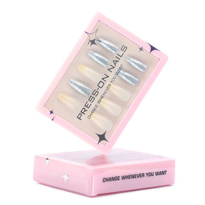 Silver Glitter Press On Nails GD34