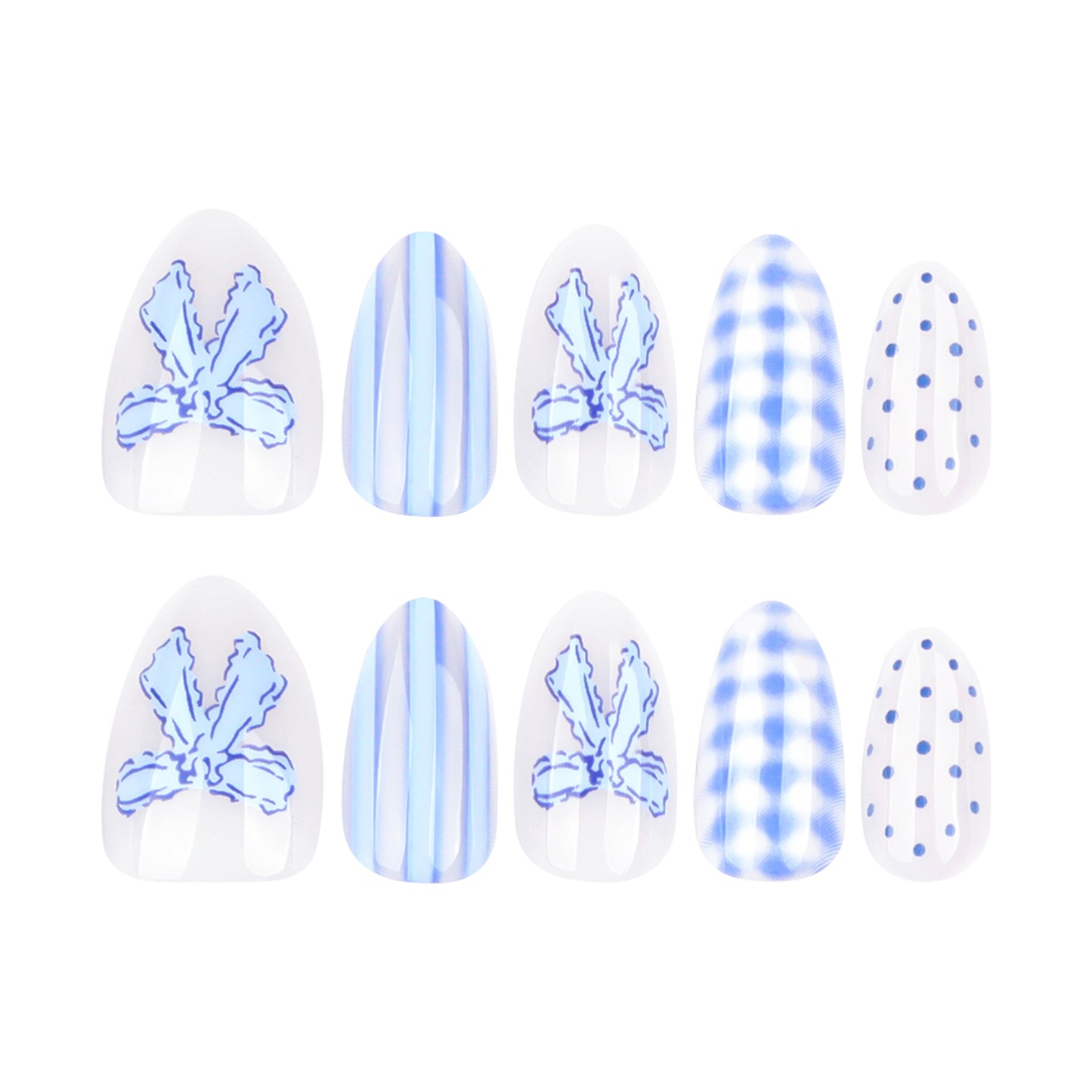 Handmade Blue Checkerboard Press-on Nails with 3D Bows JP4302