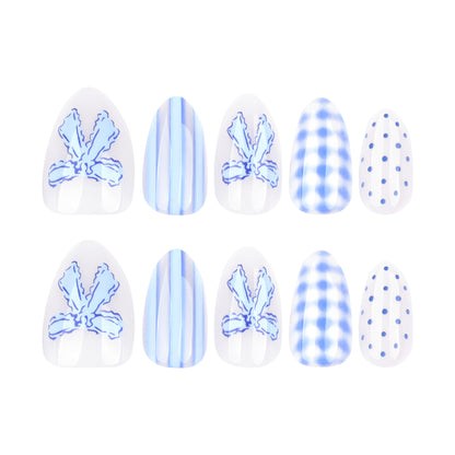 Handmade Blue Checkerboard Press-on Nails with 3D Bows JP4302