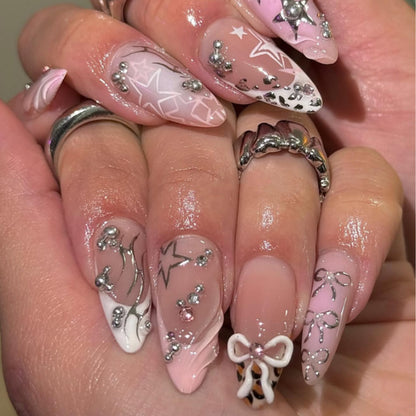 French Pink Edgy 3D Bow Nails JP4215