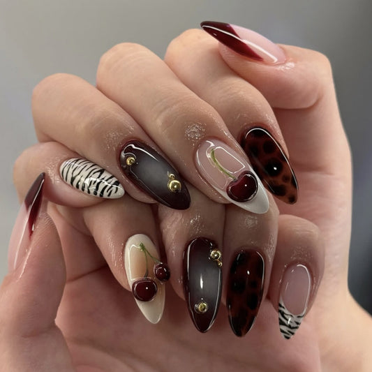 Black & White Zebra Print 3D Cherry Nails JP4122