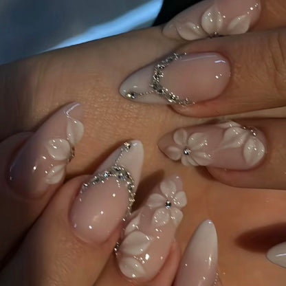 White Gradient French Nails with 3D Floral Design JP4317