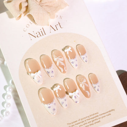 Handmade French Tip Press-on Nails with 3D Ribbon Bows JL0671