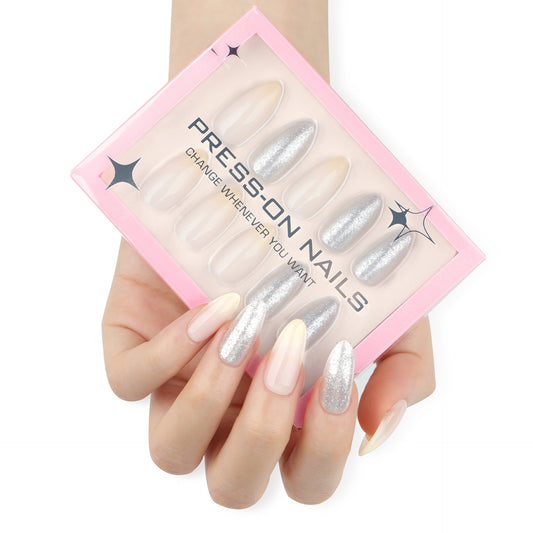 Silver Glitter Press On Nails GD34