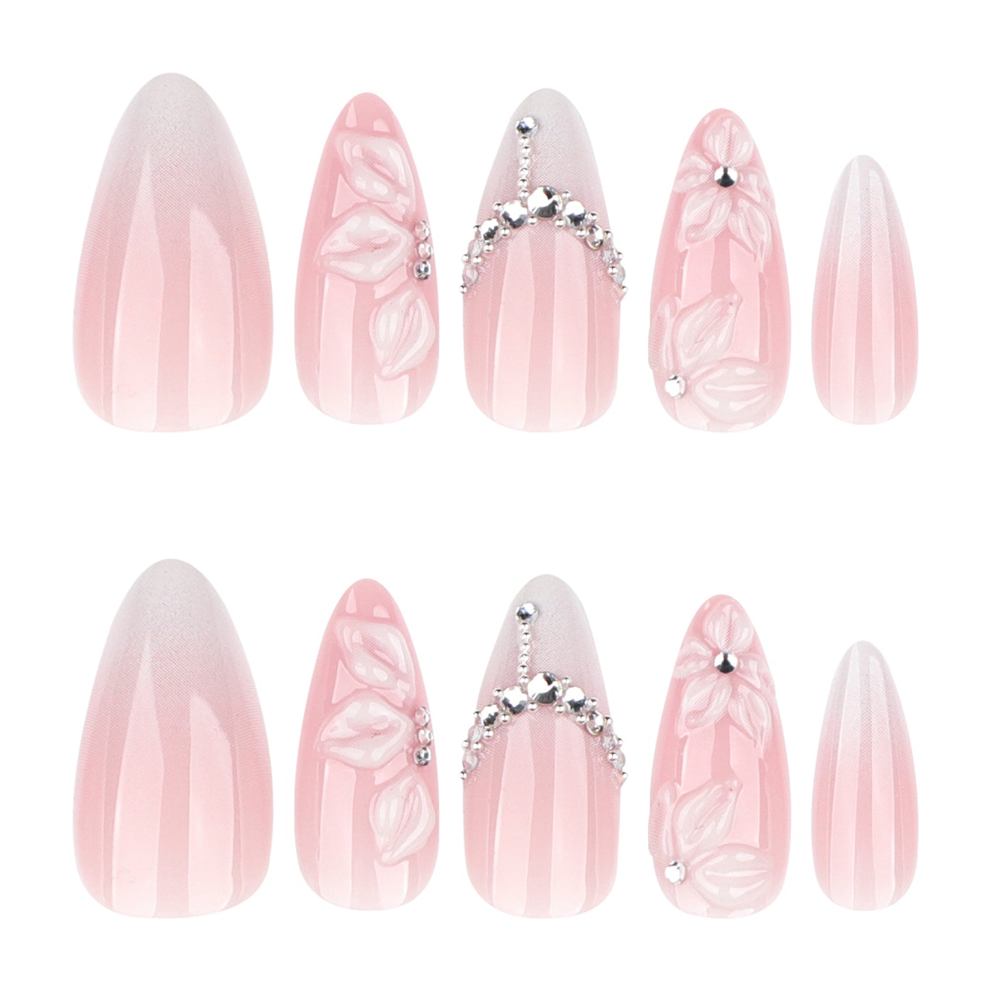 White Gradient French Nails with 3D Floral Design JP4317